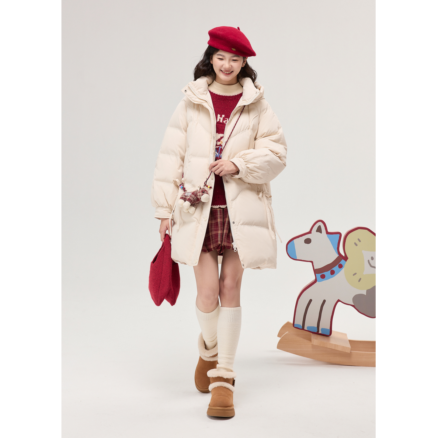 紫涵中长款直筒连帽羽绒服女2025年冬季新款宽松绑带保暖鸭绒外套 - 图3