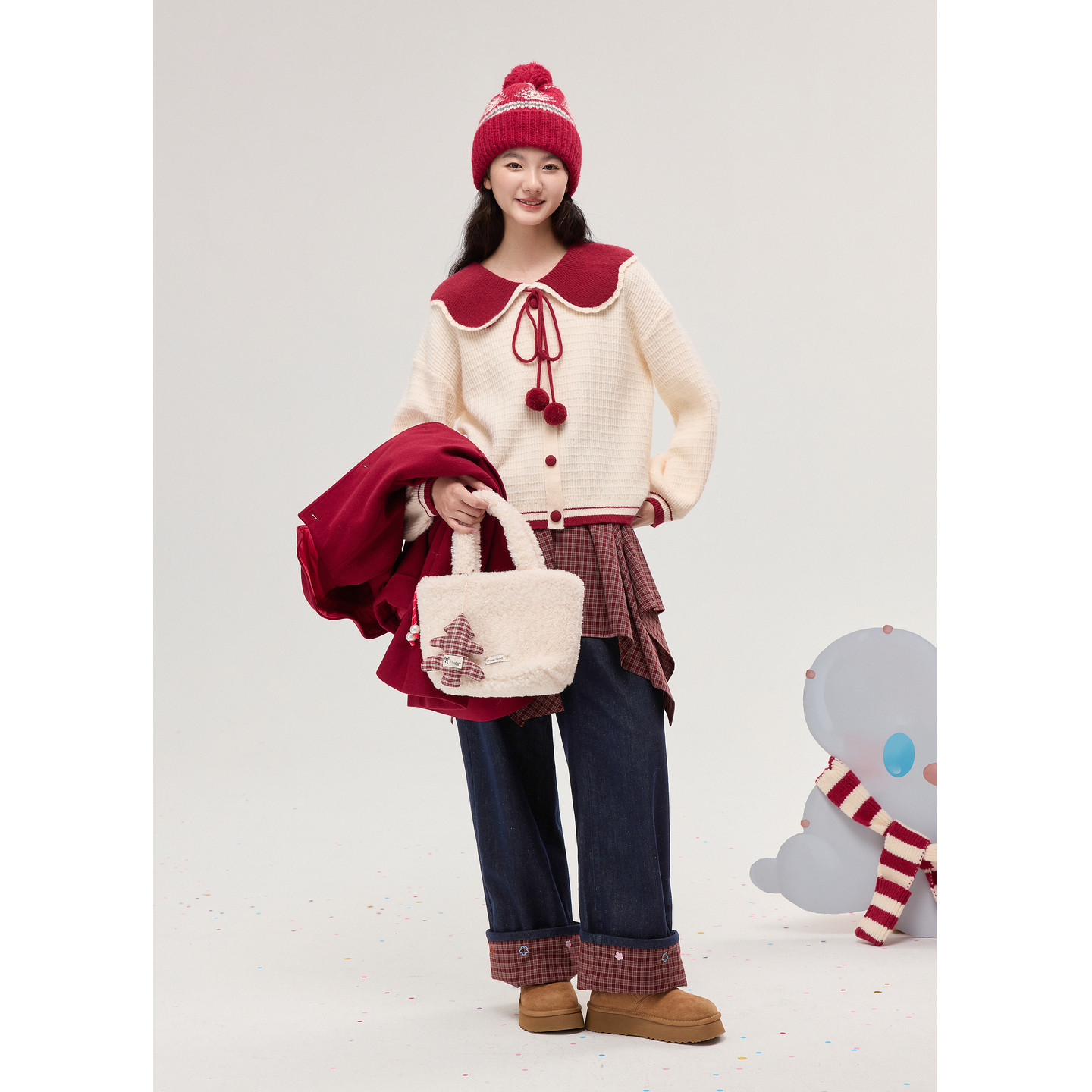 紫涵撞色娃娃领针织开衫女2025冬季新款甜美毛球系绳内搭肌理毛衣,淘宝优惠券,粉丝福利购,淘宝优惠卷