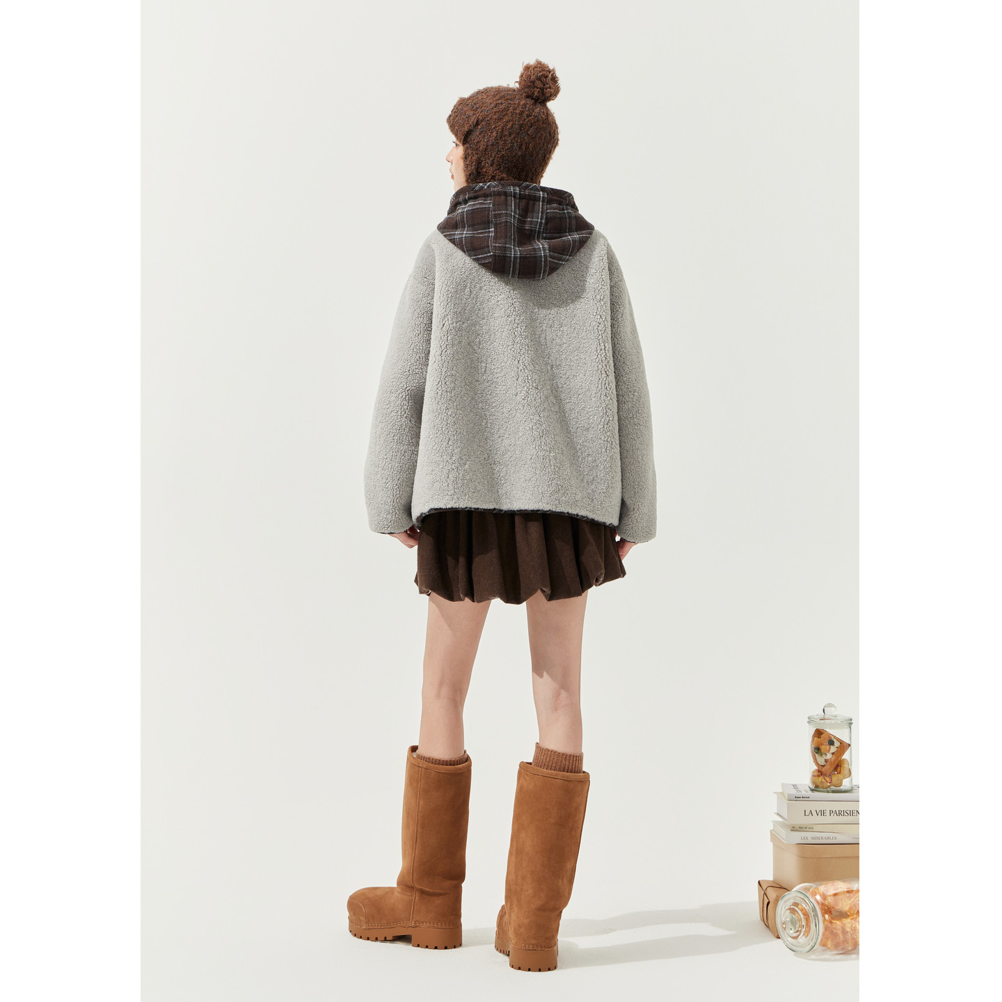 紫涵短款仿羊羔毛连帽外套女2025冬季新款格纹撞色小个子宽松上衣,淘宝优惠券,粉丝福利购,淘宝优惠卷