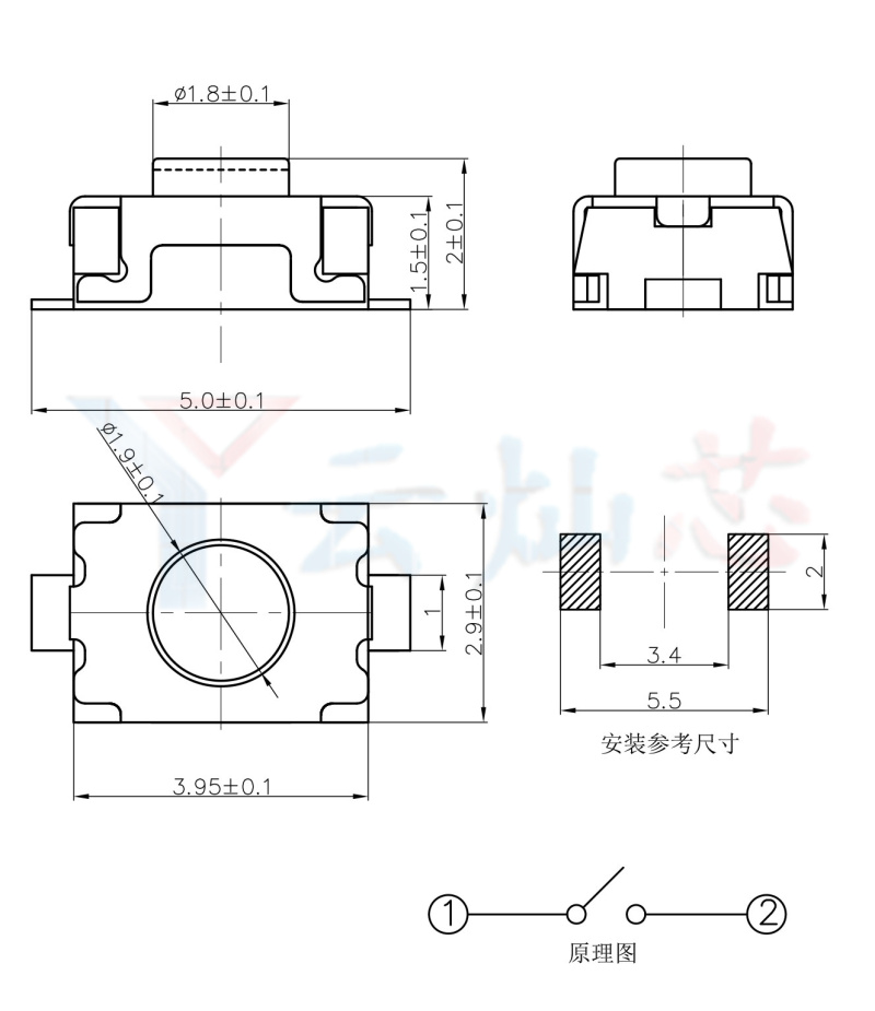 轻触开关3*4*2/2.5MM贴片四脚两脚微型微动按键小龟开关2脚3X4 - 图2