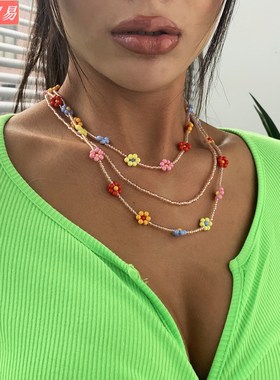 Hot-selling bohemian style colorful rice bead necklace 项链
