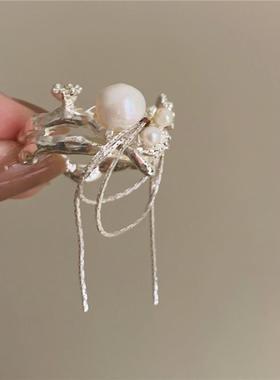 供货爆款花枝淡水珍珠链条不规则开口戒指 小众设计复古指环