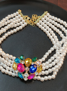 多层仿珍珠夸张系列几何爱心圆形彩色水晶大耳钉晚宴百搭气质耳饰