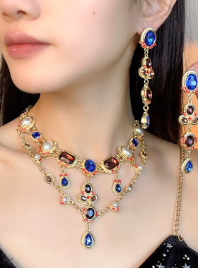 银针镶钻椭圆流苏中古耳钉金属