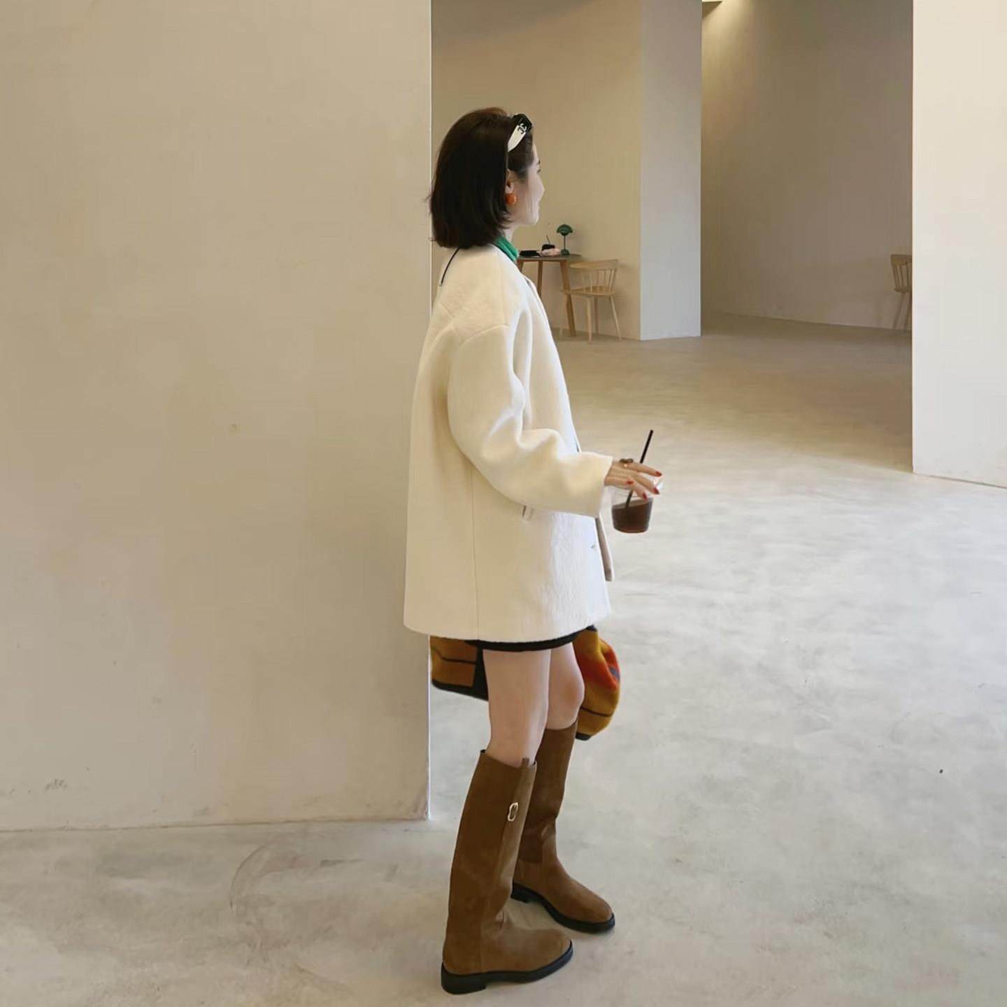 奶白色圆领中长款毛呢外套女秋冬季韩版小个子宽松显瘦呢子大衣,淘宝优惠券,粉丝福利购,淘宝优惠卷