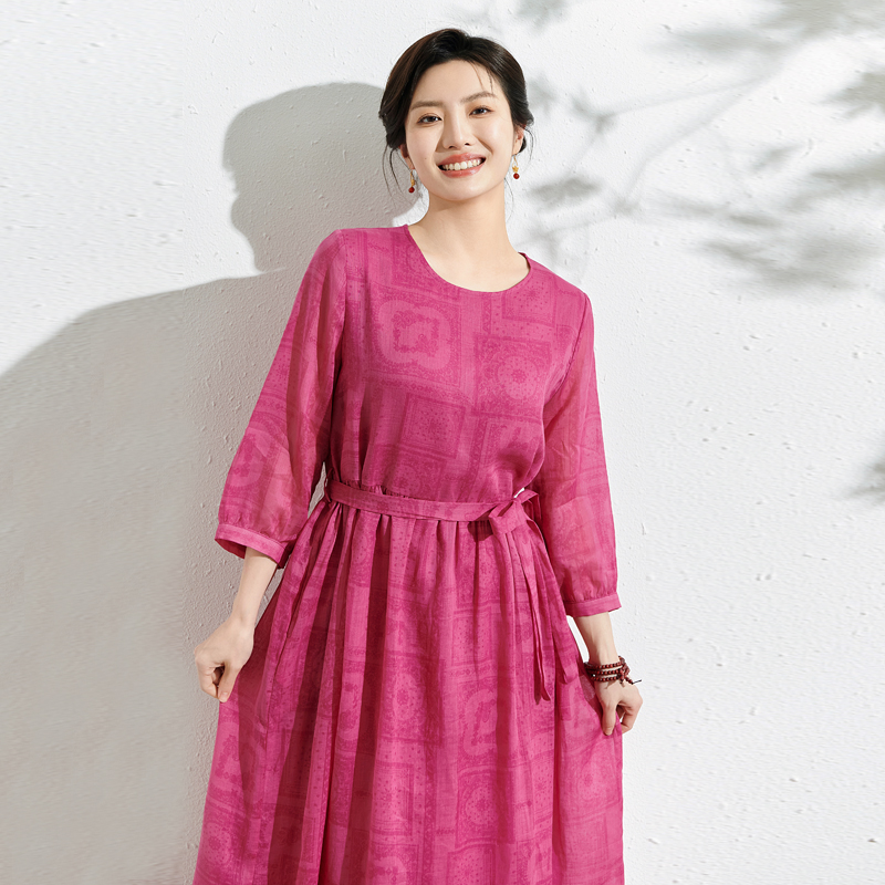 度假旅行沙滩裙女夏季棉麻连衣裙中长款高端玫红色大码纯苎麻裙子