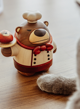 实木创意摆件主厨熊巴巴造型工位原上城高级可爱治愈系工艺品礼物