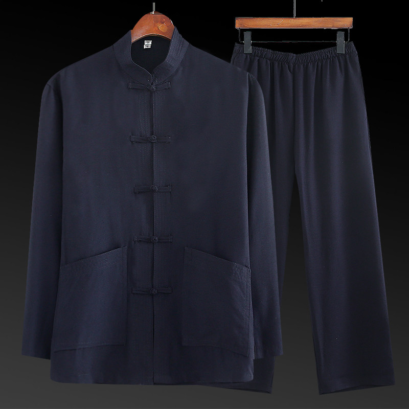 唐装男中老年人棉麻长袖两件套装 正九品唐装