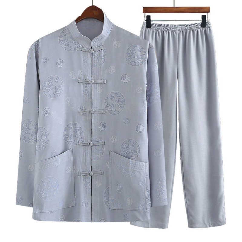 唐装男中老年人棉麻长袖两件套装 正九品唐装