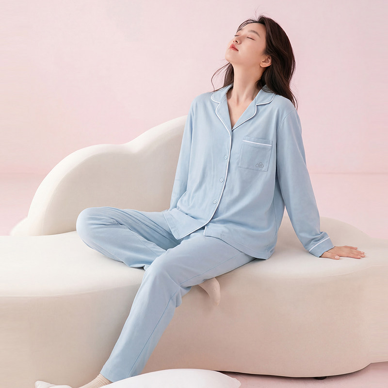 芬腾纯棉睡衣女长袖带胸垫套装春秋简约家居服可外穿女士长裤亲肤