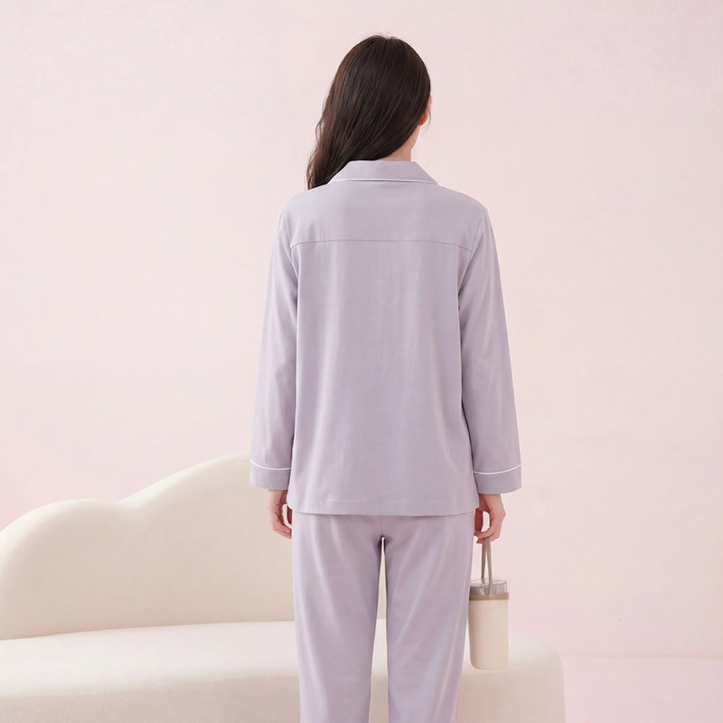 芬腾纯棉睡衣女长袖带胸垫套装春秋简约家居服可外穿女士长裤亲肤