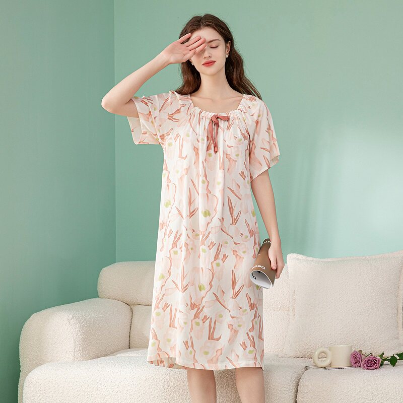 芬腾七夕礼物新睡裙薄款弹性娃娃领短袖蝴蝶结家居田园风睡裙花女