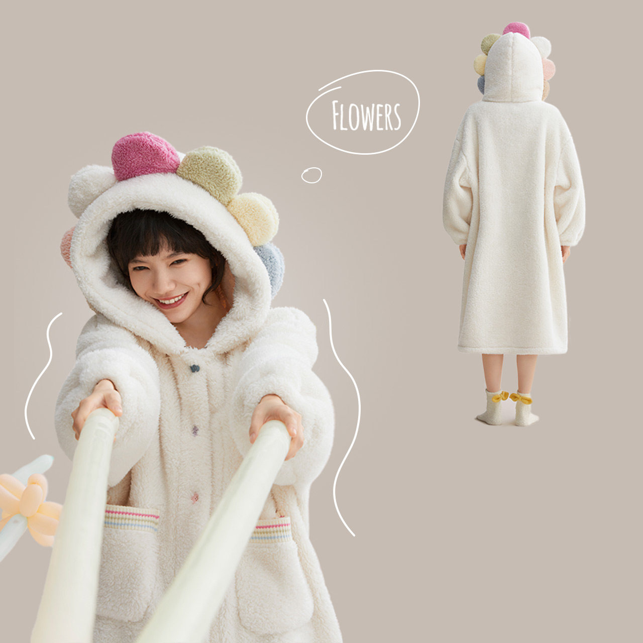 红豆居家珊瑚绒可爱连帽可外穿睡袍 红豆居家睡袍/浴袍