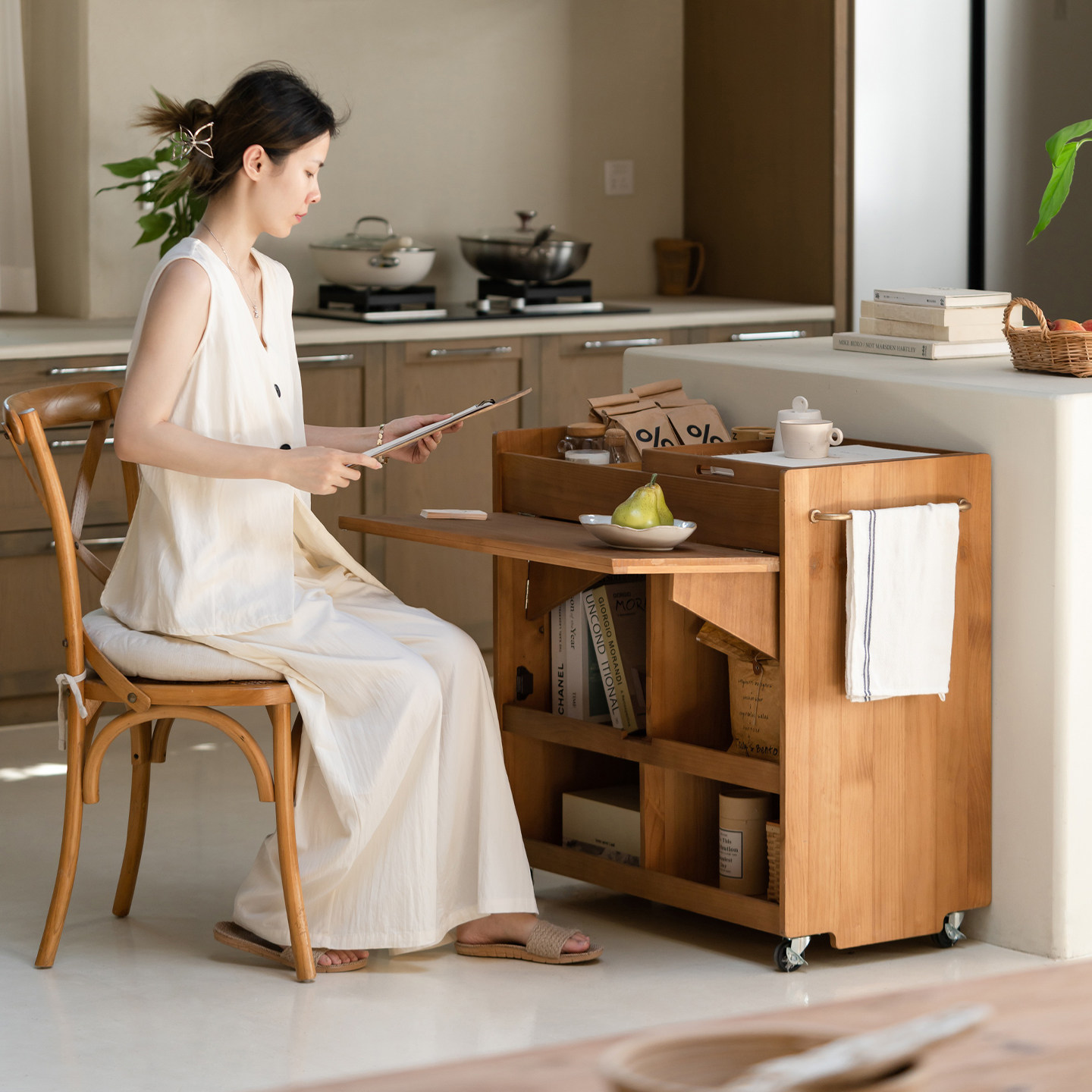 润家家居原木风可移动边几多功能实木推车茶几矮桌工作台收纳柜,淘宝优惠券,粉丝福利购,淘宝优惠卷