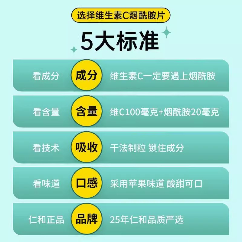 仁和维生素C烟酰胺片60片成人男女补充vc咀嚼片酸甜味正品HX-图1