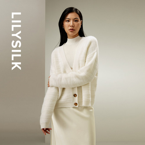 莉莉秀客LILYSILK秋冬新品100%山羊绒V领开衫毛衣外套简约 - 图3