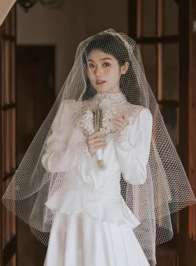 法式复古网格头纱氛围感遮面新娘结婚领证登记拍照道具不含花环