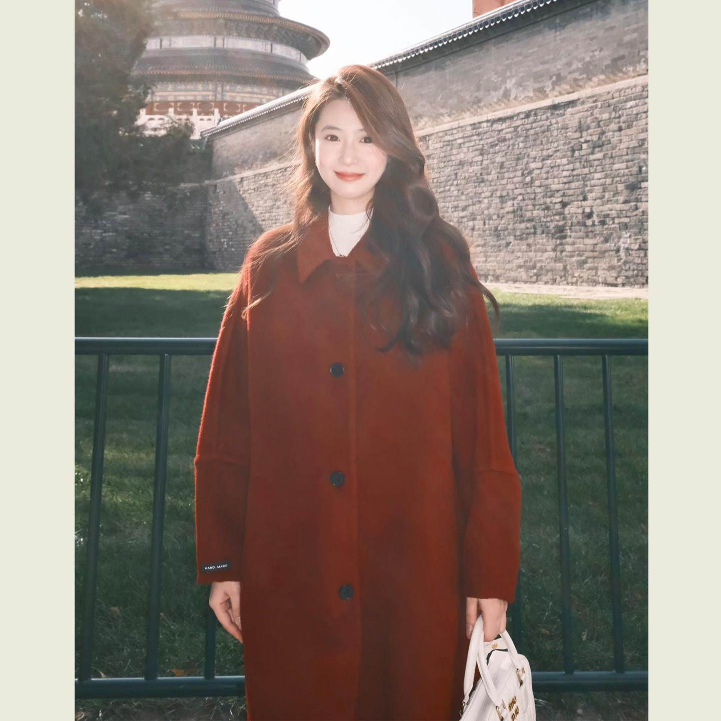 圣诞新年红色翻领呢子大衣女秋冬季韩系高级感气质中长款毛呢外套,淘宝优惠券,粉丝福利购,淘宝优惠卷