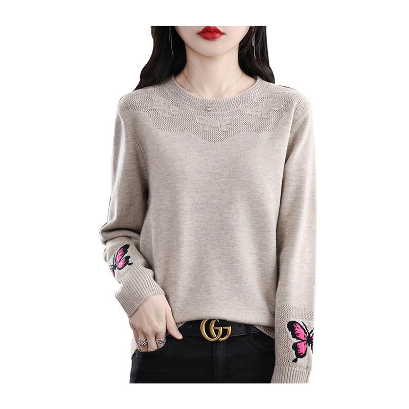 鄂尔多斯市羊毛衫女100纯羊毛秋季新款圆领镂空毛衣宽松羊绒打底 - 图3