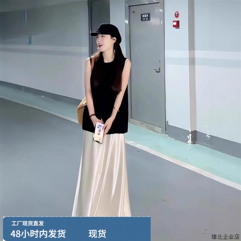 一整套大无袖背心衬衫女上衣醋酸半身裙盐系减龄气质洋装套装女 - 图0