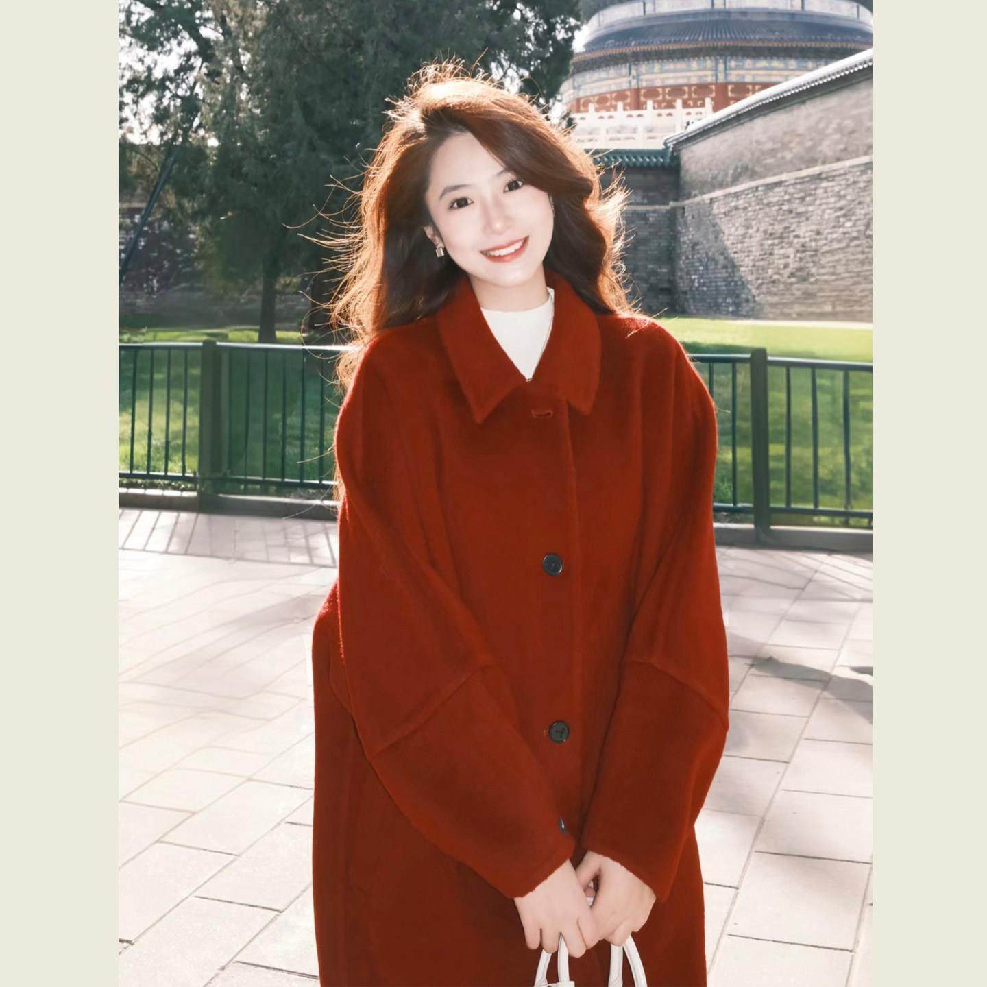 圣诞新年红色翻领呢子大衣女秋冬季韩系高级感气质中长款毛呢外套,淘宝优惠券,粉丝福利购,淘宝优惠卷