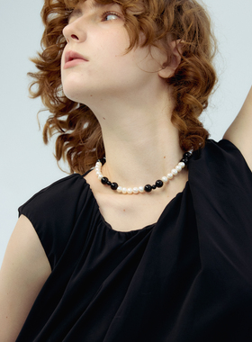 RiverineAdara「暗缎蝶语」黑曜石天然水晶撞色淡水珍珠颈链项链