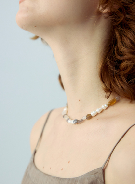 RiverineAdara「海露叠纱」灰玛瑙天然水晶珍珠颈链项链配饰饰品