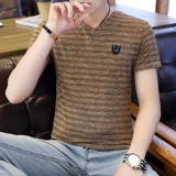 Шелковая трендовая летняя дышащая приятная телу футболка с коротким рукавом, V-образный вырез, высокий воротник, облегающий крой