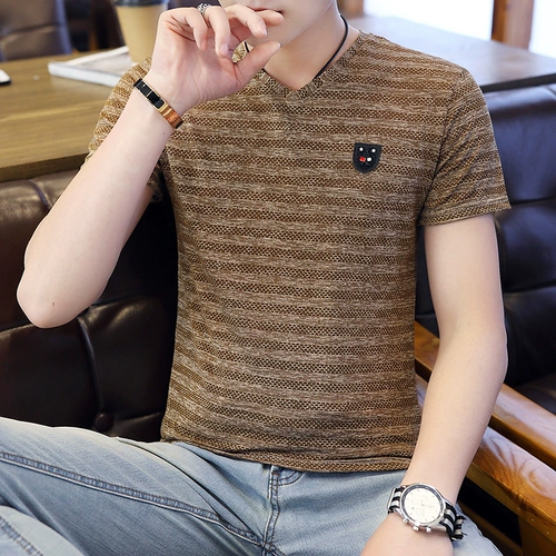 Шелковая трендовая летняя дышащая приятная телу футболка с коротким рукавом, V-образный вырез, высокий воротник, облегающий крой