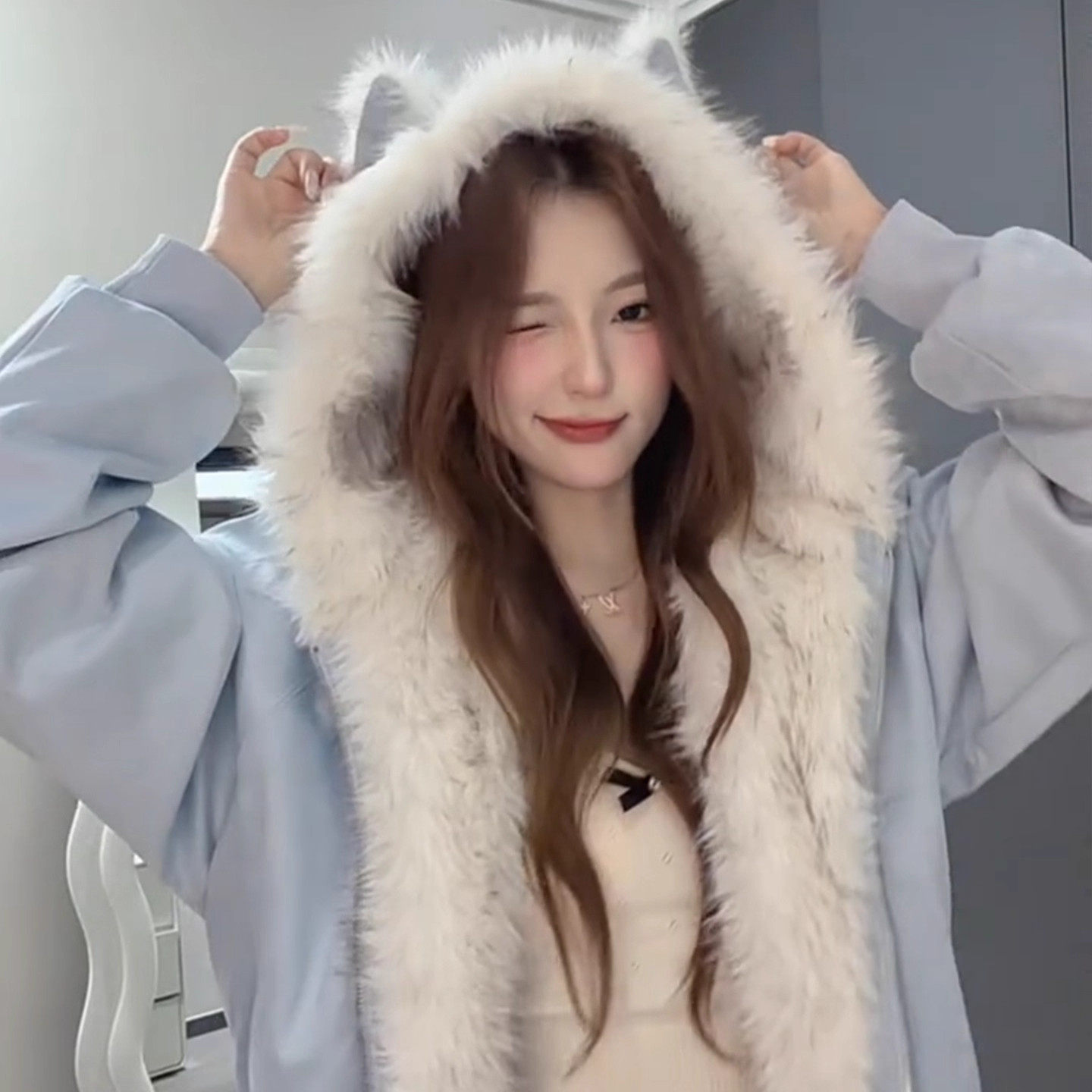 毛茸茸猫耳朵座山雕棉服女2025年新款加厚韩系棉衣冬季学生外套潮,淘宝优惠券,粉丝福利购,淘宝优惠卷