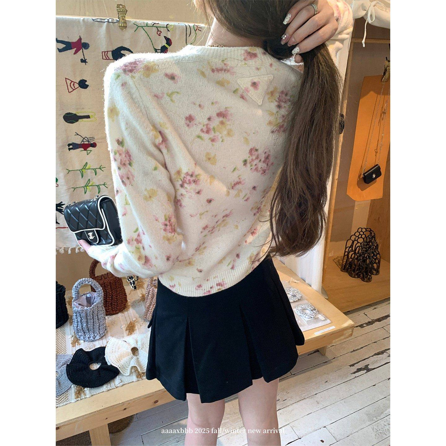 aaaaxbbb 花束日报 韩系小众碎花针织开衫秋冬显瘦长袖毛衣外套女,淘宝优惠券,粉丝福利购,淘宝优惠卷