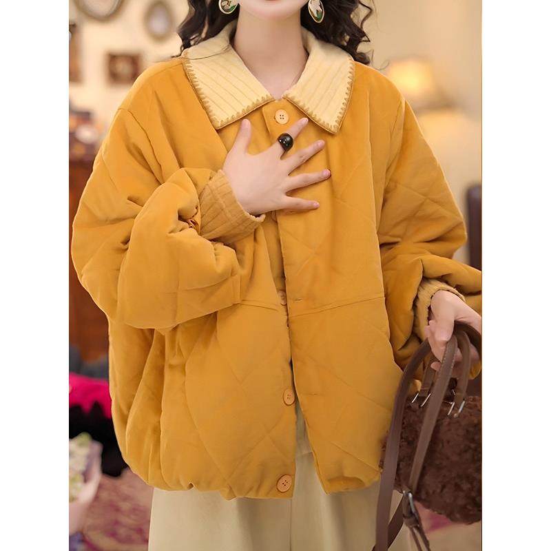 2025秋冬季新款女士黄色时尚减龄夹棉圆领棉服爆款加厚棉衣短外套,淘宝优惠券,粉丝福利购,淘宝优惠卷