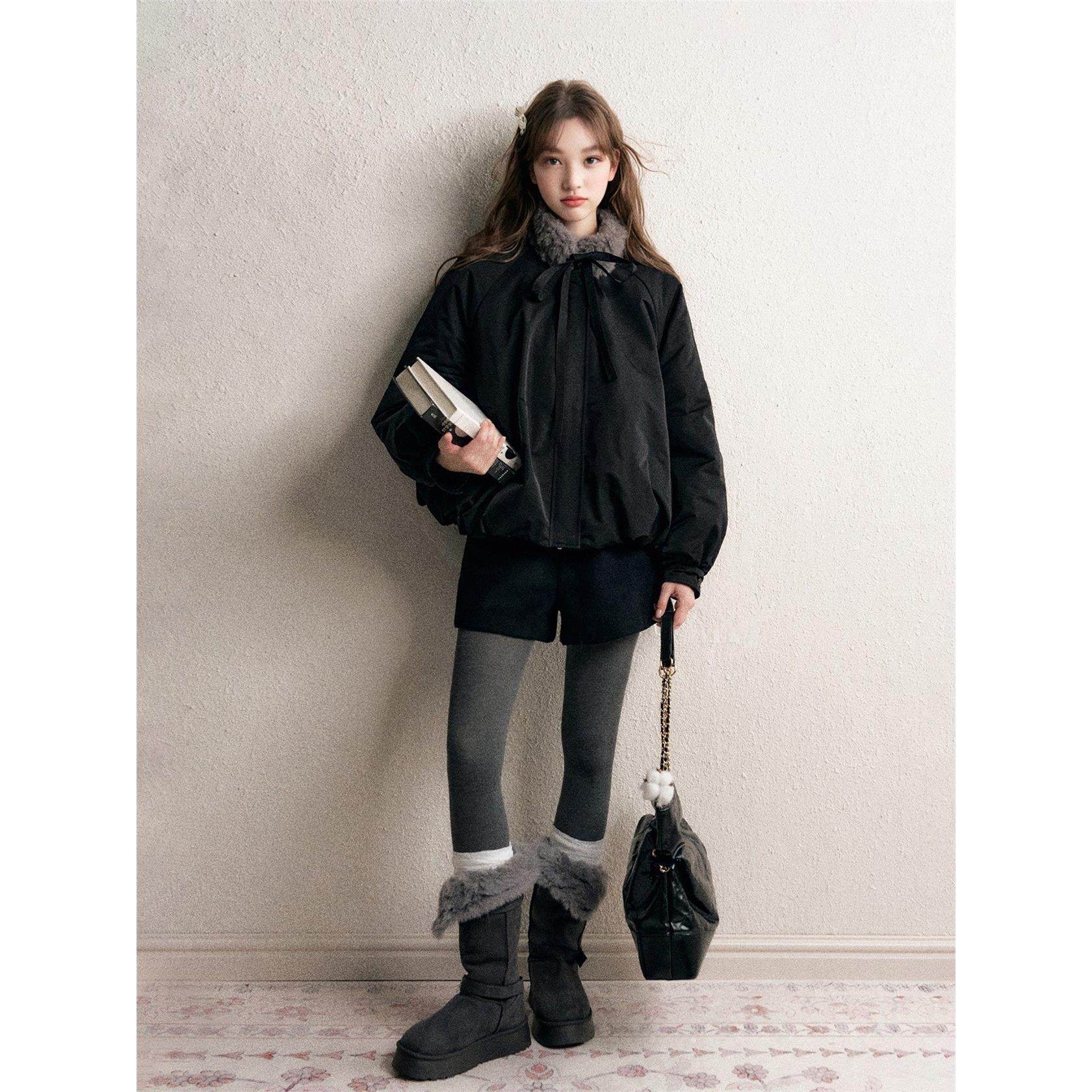 温柔甜美带毛领黑色花苞棉服女2025年冬季加厚保暖设计感棉衣外套,淘宝优惠券,粉丝福利购,淘宝优惠卷