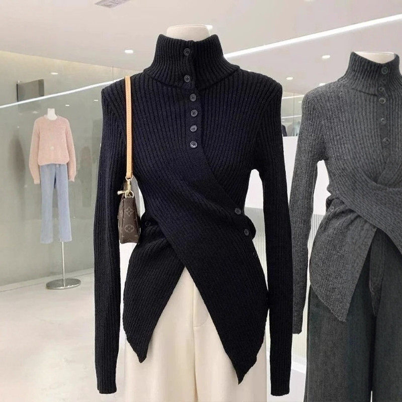 不规则收腰高领针织打底衫女秋冬设计感开叉毛衣内搭独特别致上衣,淘宝优惠券,粉丝福利购,淘宝优惠卷