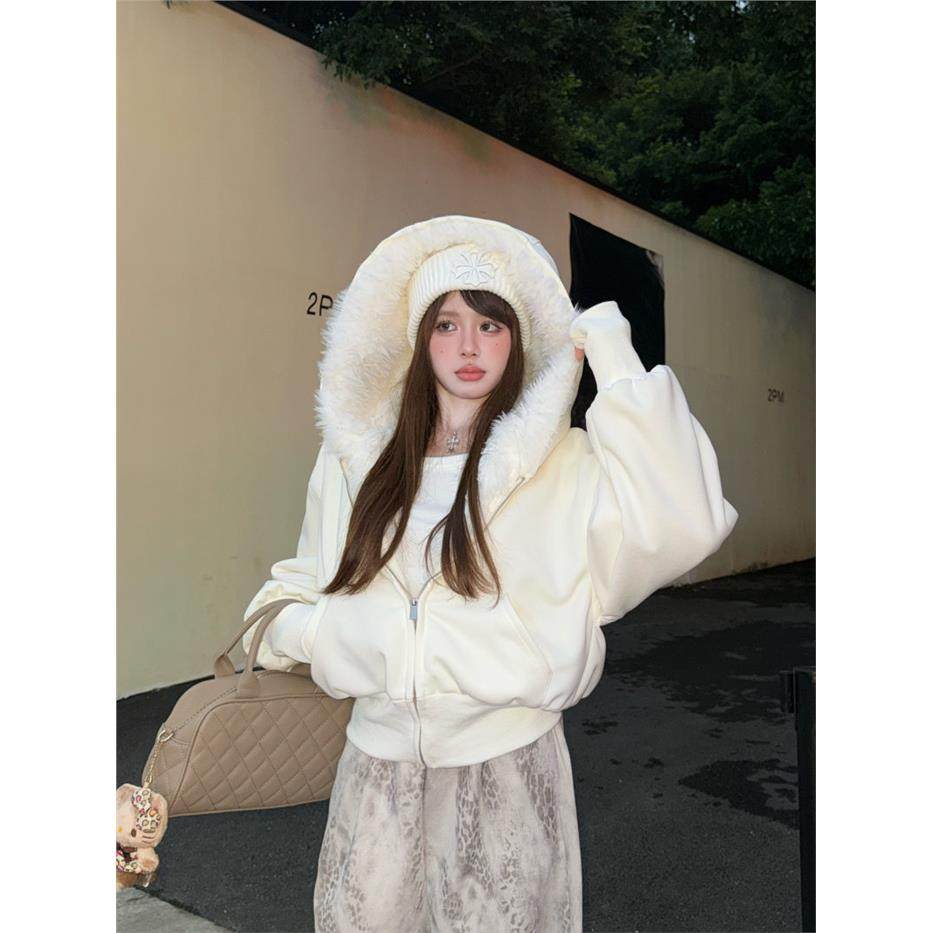 PPHOME美式大毛领加绒连帽卫衣外套女冬季休闲加厚保暖白色短棉衣,淘宝优惠券,粉丝福利购,淘宝优惠卷