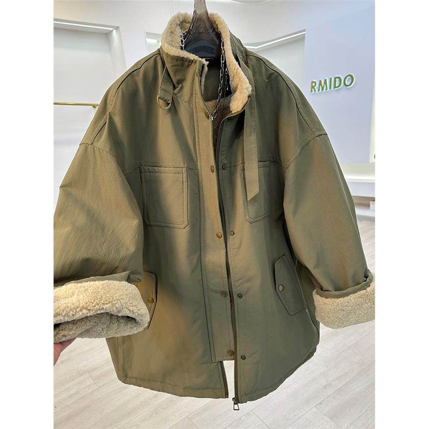 高级感超好看工装派克服棉衣女2025冬季新款彷羊羔毛流行大衣外套,淘宝优惠券,粉丝福利购,淘宝优惠卷