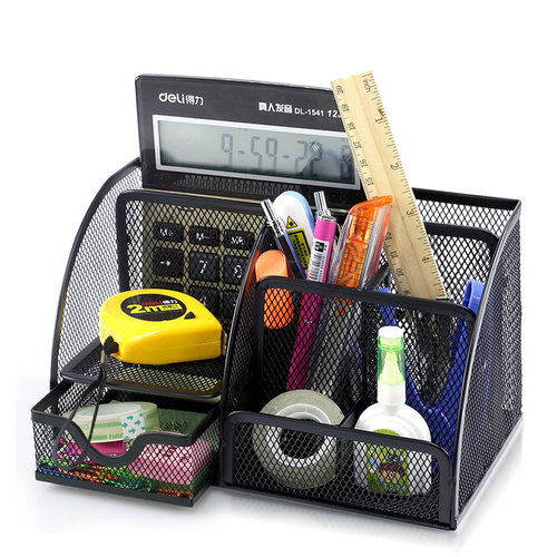 得力多功能笔筒金属铁网组合笔盒收纳盒大容量学生用笔架创意时尚简约韩国小清新桌面摆件网纹笔座办公用品 - 图2