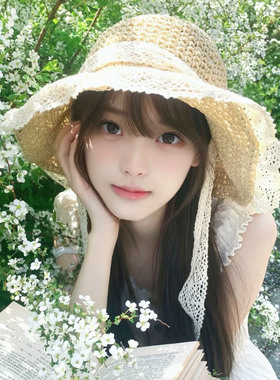 蕾丝系带大檐遮阳防晒手工草帽