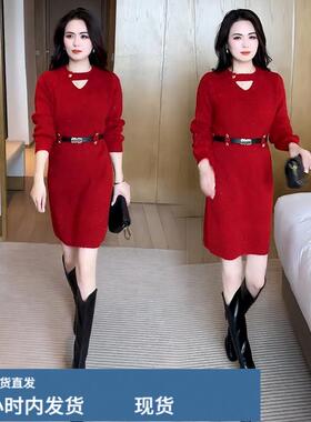 红色真帜连衣裙女秋冬季2