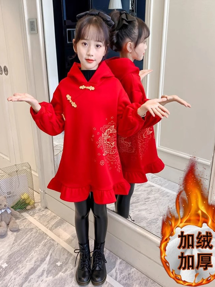 女童秋冬连衣裙加绒小女孩公主裙子过年红色礼服新年衣服卫衣冬裙