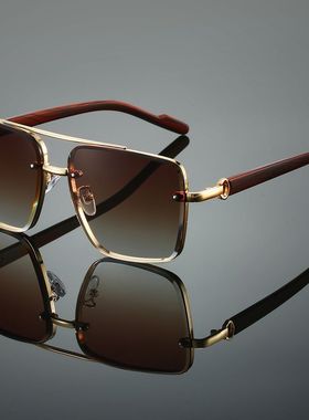 高颜值金属双梁方框仿木纹腿墨镜欧美潮流驾驶街拍无框太阳眼镜