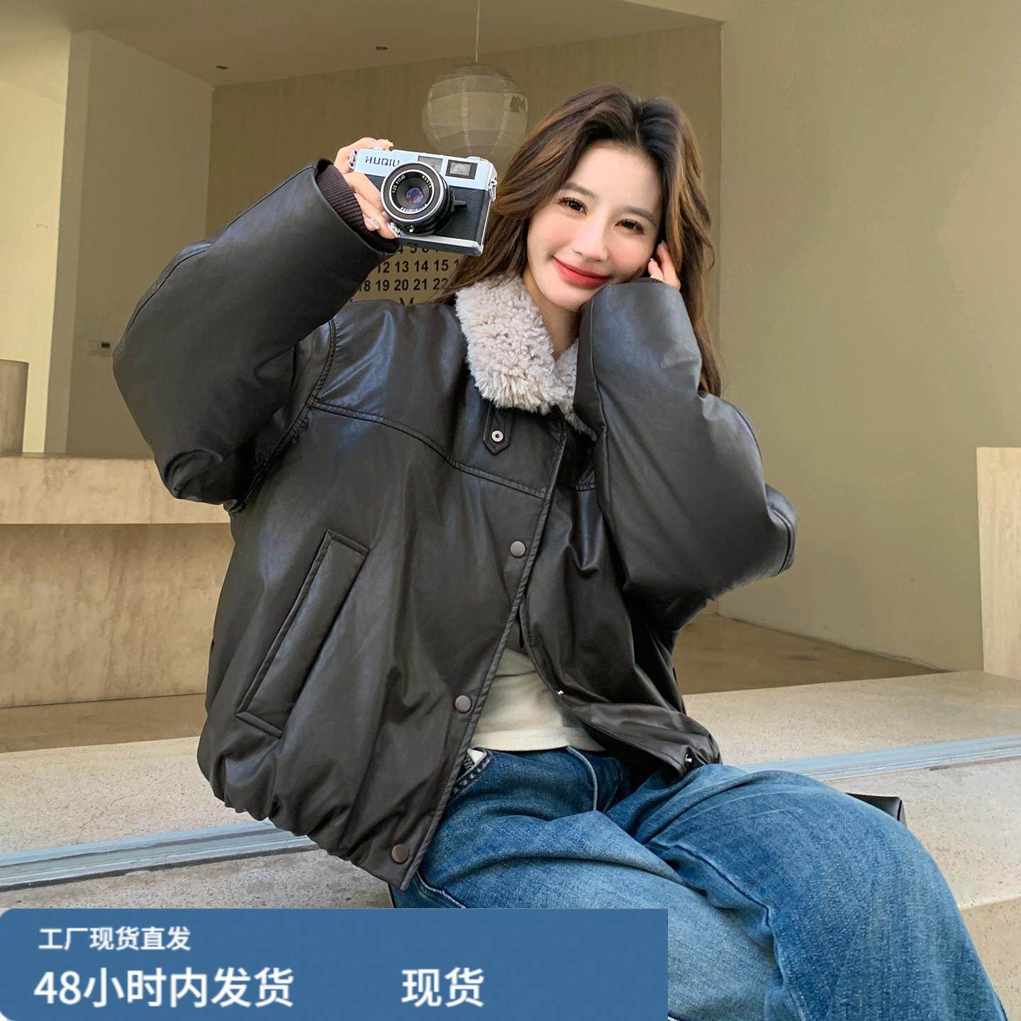复古咖色羊羔毛翻领皮衣羽绒服女短款2025冬甜酷炸街机车夹克外套,淘宝优惠券,粉丝福利购,淘宝优惠卷