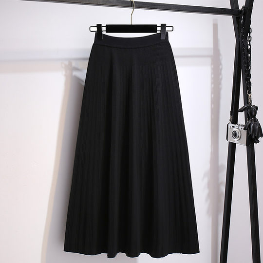 秋冬半身裙女士a字裙黑色长裙针织毛线裙高腰百褶裙今年流行裙子