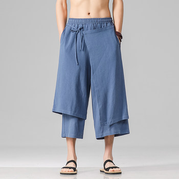Summer ບາງໆແບບຈີນ linen Hanfu ສັ້ນແບບຈີນຂອງຜູ້ຊາຍຝ້າຍແລະ linen ກາງເກງຂອງຜູ້ຊາຍແບບໂບລານ cropped pants retro Tang suit