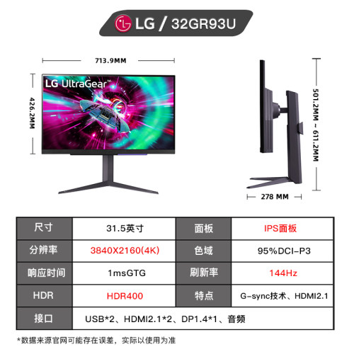 LG 32GR93U 31.5英寸 4K 144Hz IPS电竞显示器 1ms响应 HDMI2.1-图3