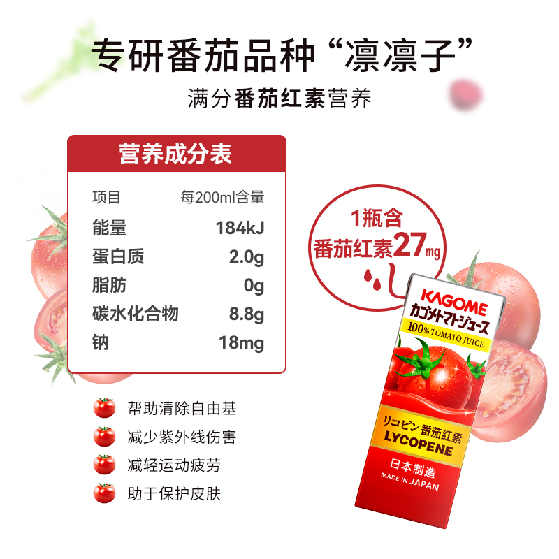 kagome可果美100%番茄汁0添加番茄红素果汁饮料果蔬汁200ml*12瓶 - 图2