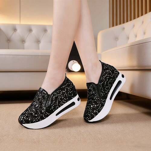 春夏时尚休闲内增高网面鞋女2026新款软厚底透气亮片单鞋0329e - 图1