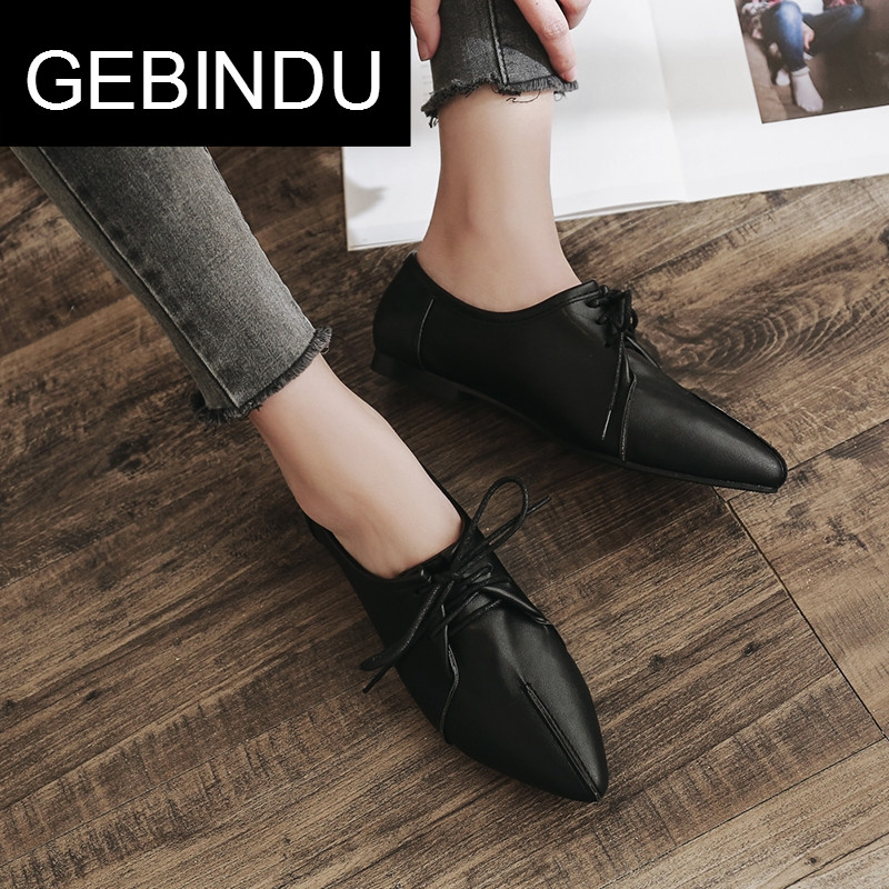 哥宾杜旗舰店GEBINDU欧美女鞋2018春季新款尖头交叉绑带小皮鞋低跟平底百搭舒0