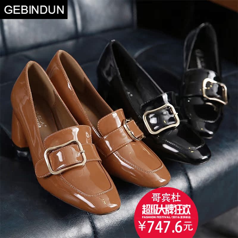 哥宾杜旗舰店GEBINDU方根单鞋女2018春季新款粗跟复古韩版方头中跟高更鞋女职3