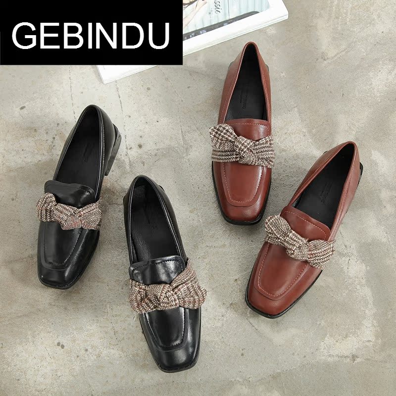 哥宾杜旗舰店GEBINDUchic单鞋女复古2018粗跟方根春季百搭休闲中跟春款方头蝴0